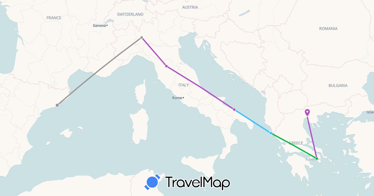 TravelMap itinerary: driving, bus, plane, train, boat in Spain, Greece, Italy (Europe)